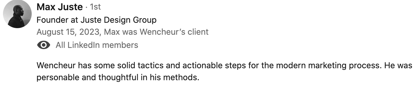 Wencheur has some solid tactics and actionable steps for the modern marketing process. He was personable and thoughtful in his methods.